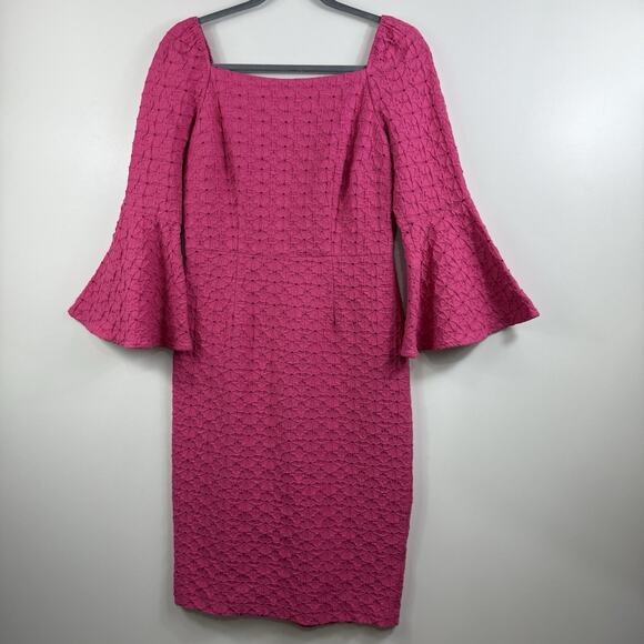 Trina Turk New Favor Pink Square Neck Bell Sleeve Dress Size 4 Sheath Textured - Picture 13 of 15